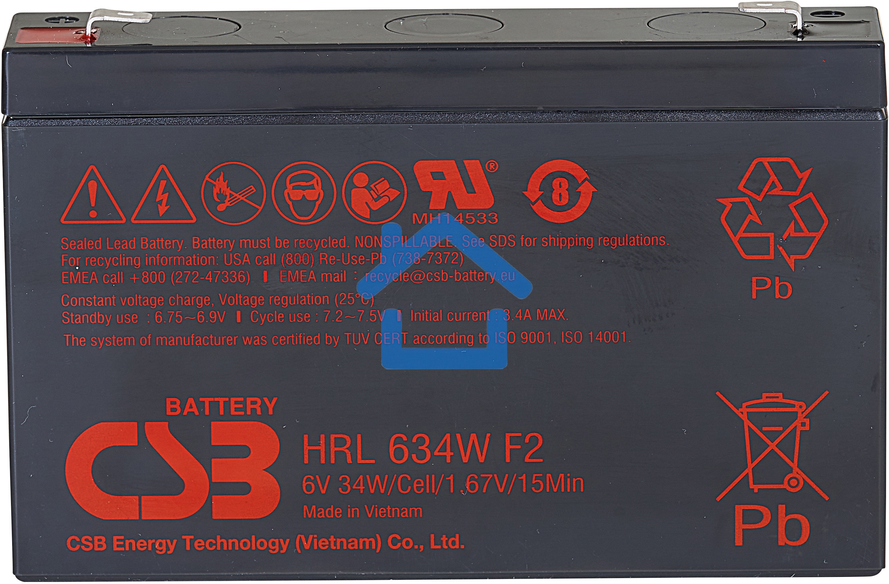 Аккумулятор 6V 9Ah CSB HRL634W (HRL634WF2FR) клеммы F2, огнеупорные