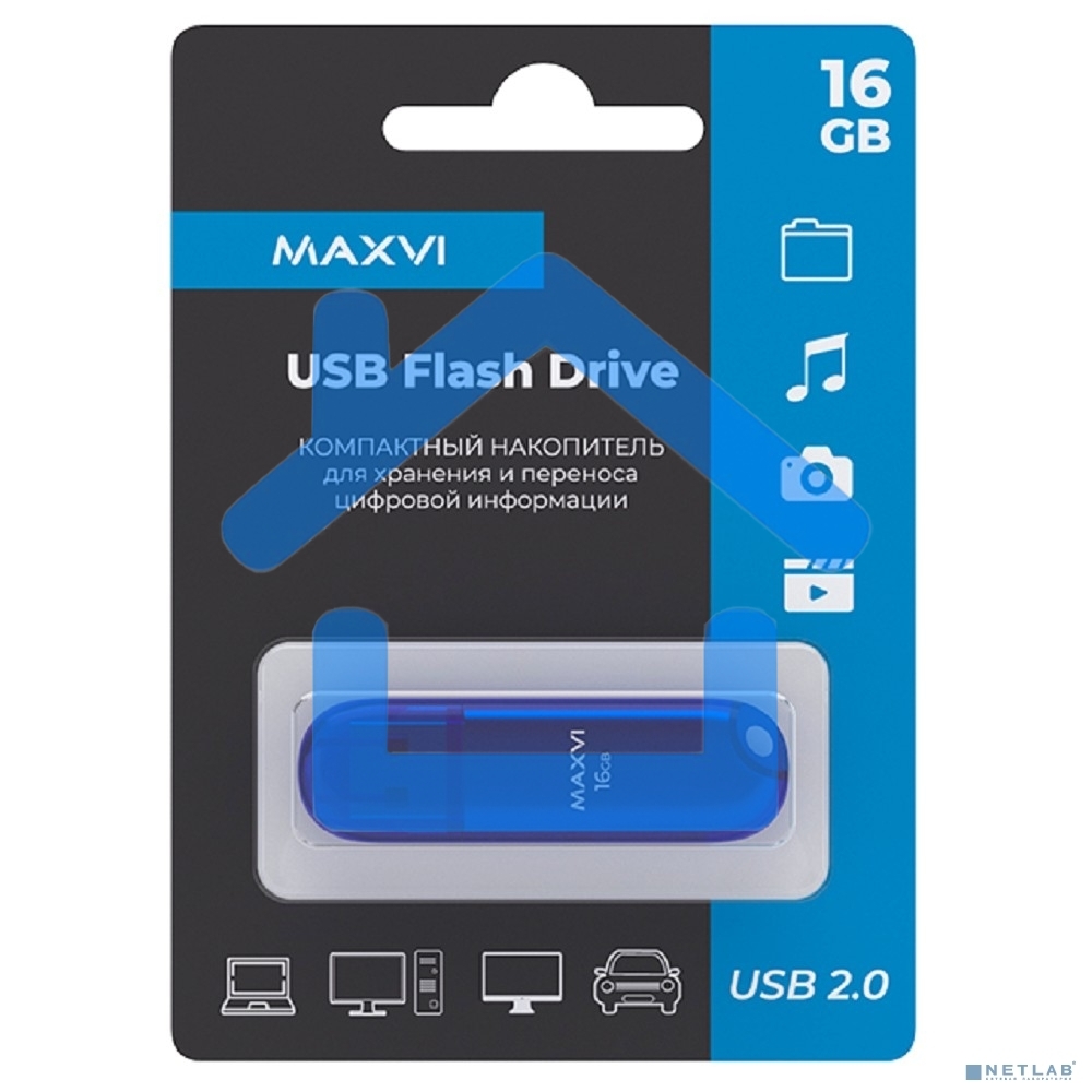 Флешка USB R/W Maxvi P1 16Gb USB 2.0 blue, монолит с колпачком, ABS пластик