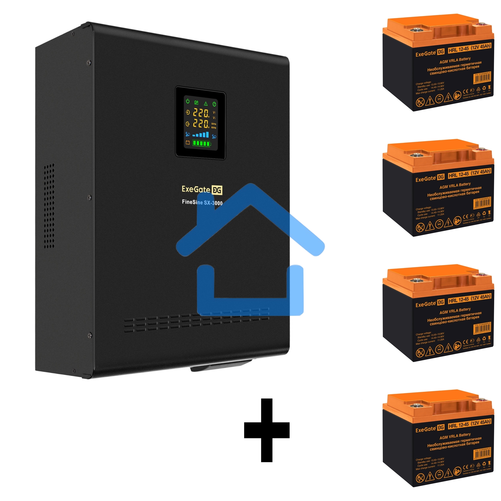 Комплект ИБП EX296003RUS + батарея 45Aч EX285666RUS 4шт (инвертор, синус, для котла, настенный) ExeGate FineSine SX-3000.LCD.AVR.2SH.T <3000VA/2100W, чистая синусоида, цветной LCD-дисплей, AVR, 2*Schuko+клеммы, линейно-интерактивный, крепление настенное, 