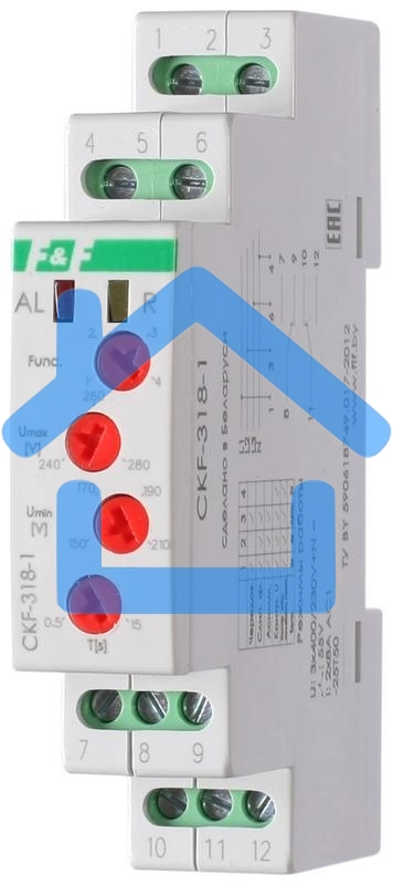 Реле контроля наличия и чередования фаз CKF-318-1 (контроль чередования; слипания фаз; регулировка верх. и нижн. порога напряжения; регулировка задержки отключения; 1 модуль; монтаж на DIN-рейке)(аналог РНПП-311М) F&F EA04.002.007