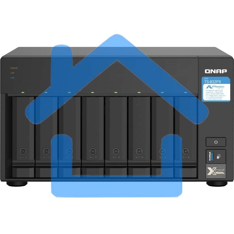 Сетевое хранилище без дисков SMB QNAP TS-832PX-4G 8-Bay NAS, AL324 64-bit quad-core 1.7GHz, 4Gb DDR4 SODIMM RAM (up to 1x16 Gb), 8 x 3.5