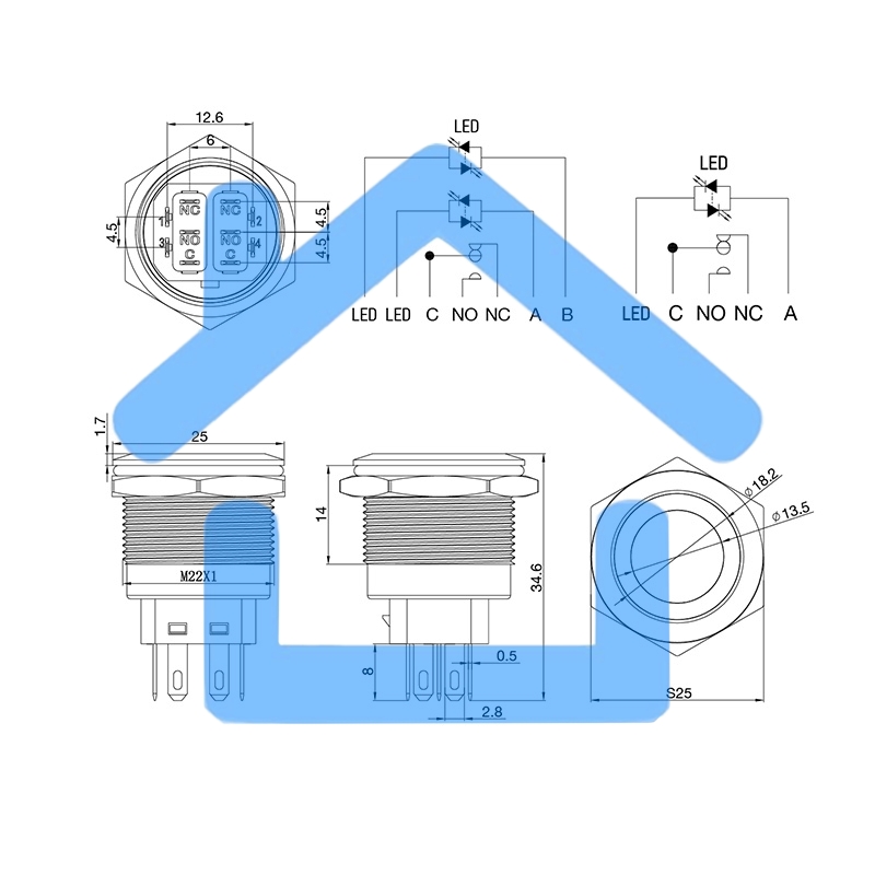 Кнопка антивандальная Ø22 12В Б/Фикс (5с) (ON)-OFF/(OFF)-ON подсв/синяя Rexant