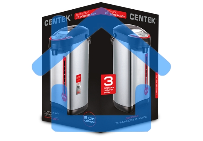 Термопот Centek CT-0082 черный, 5л, 750Вт, 3 способа подачи воды, корпус из нержавеющей стали