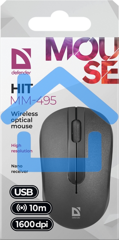 Мышь беспроводная Defender Hit MM-495 черный, 1600 dpi, радиоканал, USB, кнопки - 3