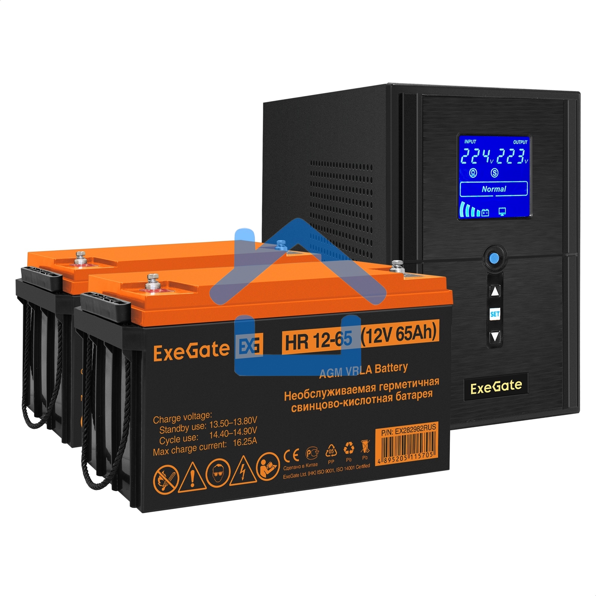 Комплект ИБП EX295987RUS + батарея 65Aч EX282982RUS 2шт (инвертор, синус, для котла) ExeGate SineTower SZ-1000.LCD.AVR.2SH.1C13.USB <1000VA/800W, чистый синусоида, LCD дисплей, AVR, 2*Schuko+1*C13, USB, линейно-интерактивный, черный> + батарея ExeGate HR 