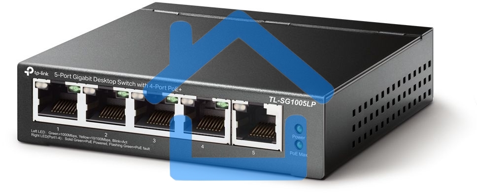 Коммутатор TP-Link 5-Port Gigabit Unmanaged Switch with 4-Port PoE+, metal case, desktop mount, PoE budget 40W.