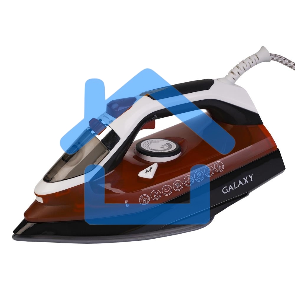 Утюг Galaxy GL 6131, оранжевый, паровой, 2500 Вт, подача пара до 50 г/мин, паровой удар до 230 г/мин, функции: автоотключение, самоочистка, антикапля, антинакипь, функция увлажнения, вертикальное отпаривание, керамическое покрытие подошвы, защита от перег