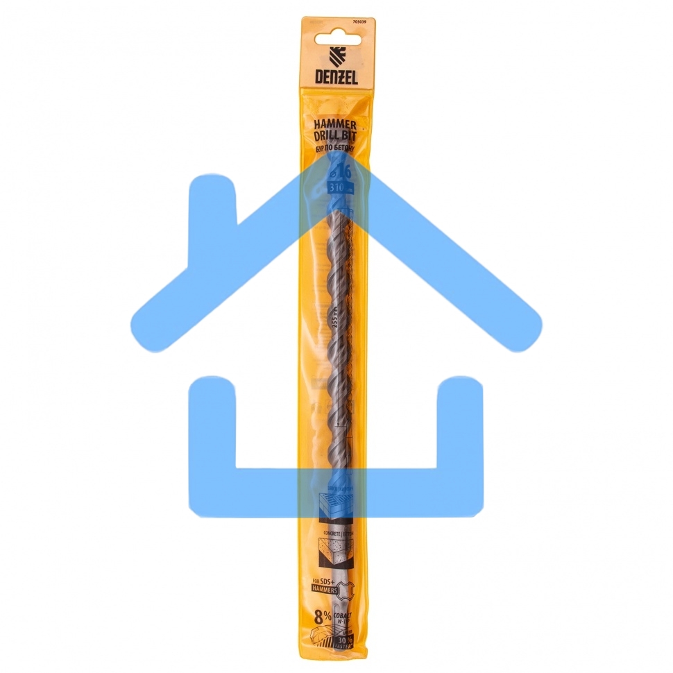 Бур по бетону Denzel двойная спираль, Cobalt W-tip, 16x310 мм, SDS PLUS