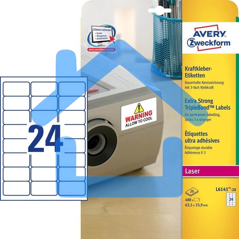Этикетки Avery Zweckform L6141-20 A4 33.9x63.5мм 24шт на листе/100г/м2/20л./белый самоклей. для лазерной печати