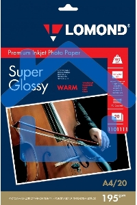Фотобумага LOMOND cуперглянцевая тепло-белая (Super Glossy Warm) микропористая, 195/A4/20л.(К)