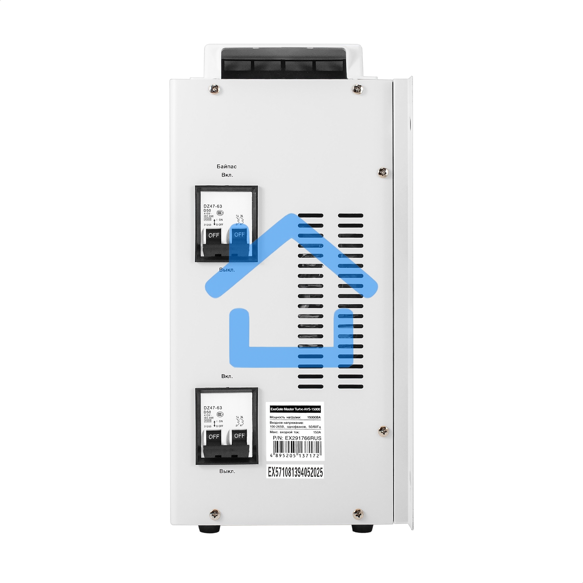 Стабилизатор напряжения настенный ExeGate Master Turbo AVS-15000 (15000ВА, вход 100-265В, цветной дисплей, выход 220В±8%, КПД 98%, 5 уровней защиты, задержка, усиленный метал.корпус, 1*Schuko+клем.колодка, RTL)