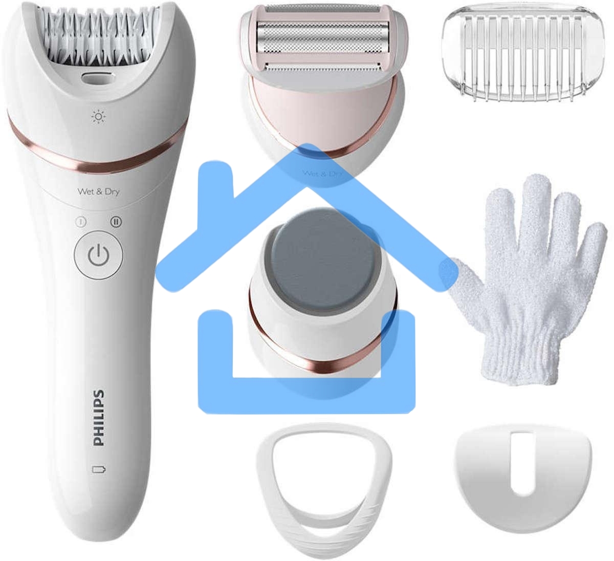 Эпилятор Philips 2 скорости, широкая головка, Wet&Dry, беспроводной, opti light, 6 аксессуаров