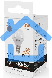 Лампа светодиодная LED Gauss 8Вт E14 220В 2700К Elementary шар 53118