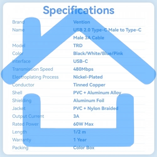 Кабель Vention USB 2.0 CM/CM - 2м. черный 3А PD60W