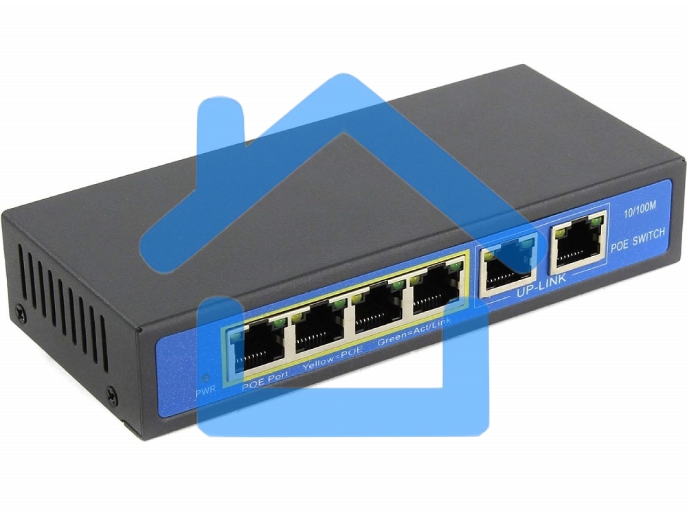 Коммутатор PoE 4 порта 10/100Mbps SWP-7504POE/2P 4xPoE+1xUplink RJ45, IEEE 802.3af, мощность 15.4 Вт на порт, БП 52В/1.25А, настенный крепеж в ком