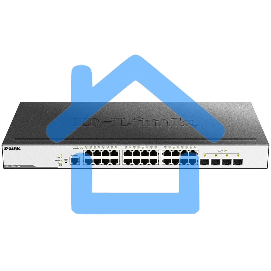 Коммутатор D-Link DGS-3000-28X/B, L2 Managed Switch with 24 10/100/1000Base-T ports and 4 10Gbase-X SFP+ ports.16K Mac address, 802.3x Flow Control, 4K of 802.1Q VLAN, VLAN Trunking, 802.1p Priority Queues, Tra