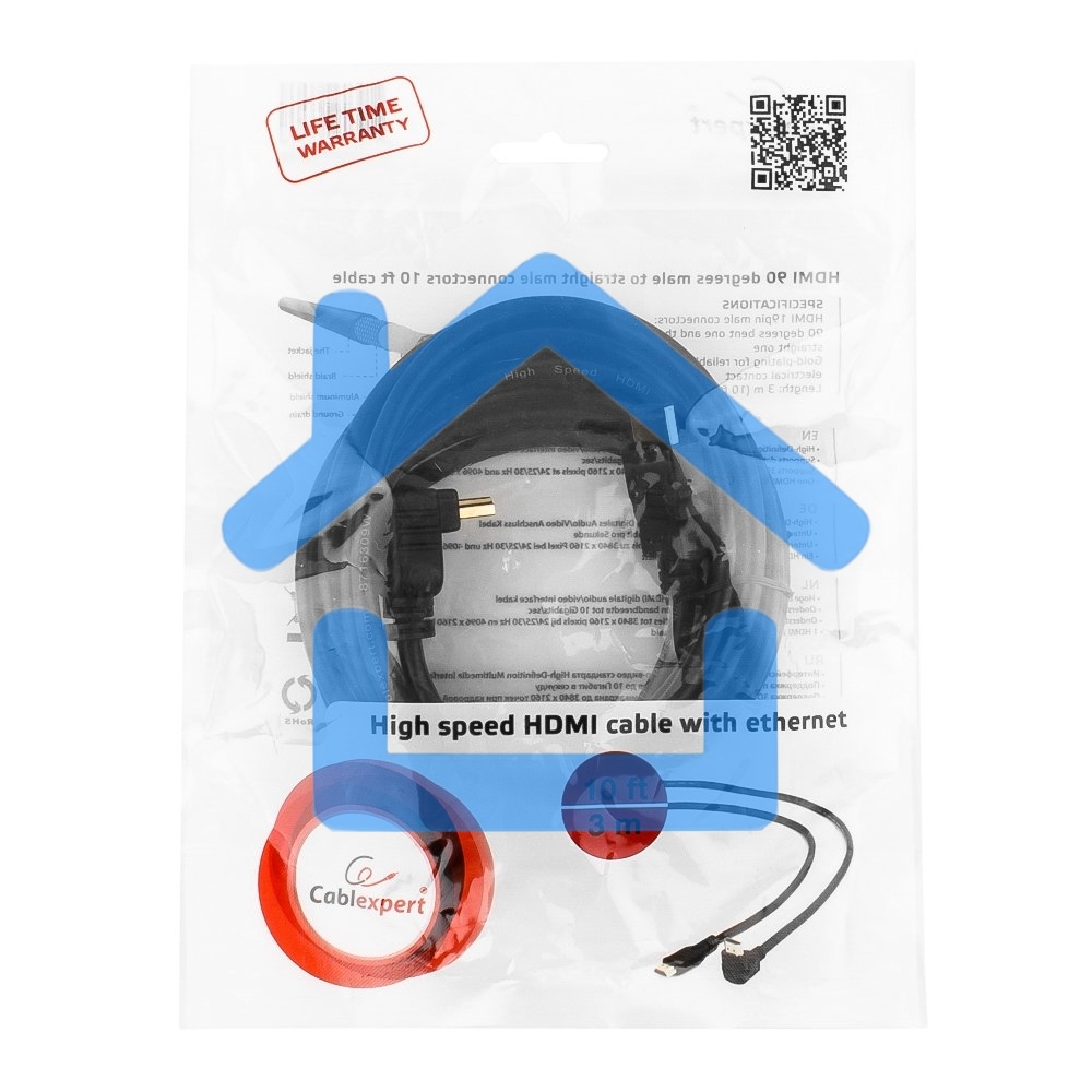 Кабель Cablexpert HDMI CC-HDMI490-10, 19M/19M, v2.0, медь, позол.разъемы, экран, угловой, 3м, черный, пакет