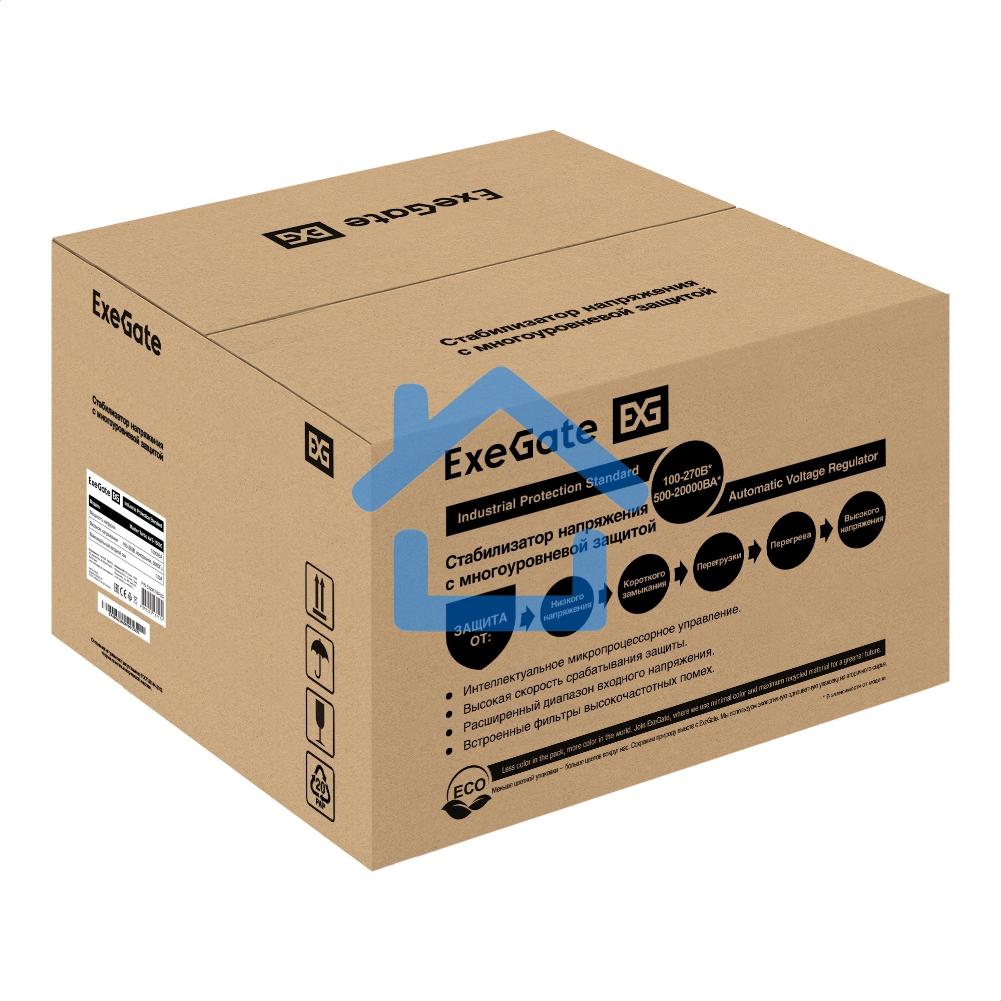 Стабилизатор напряжения настенный ExeGate Master Turbo AVS-15000 (15000ВА, вход 100-265В, цветной дисплей, выход 220В±8%, КПД 98%, 5 уровней защиты, задержка, усиленный метал.корпус, 1*Schuko+клем.колодка, RTL)