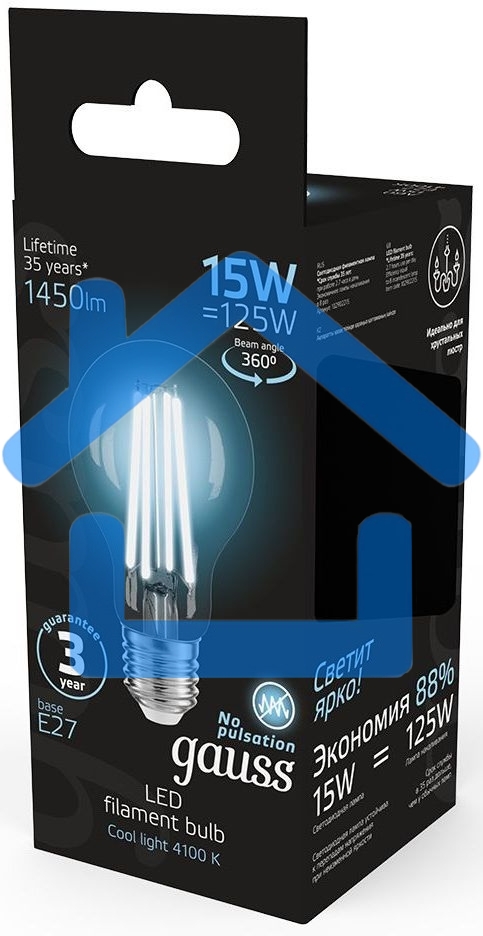 Лампа Gauss Filament А60 15W 1450lm 4100К Е27 LED 1/10/40