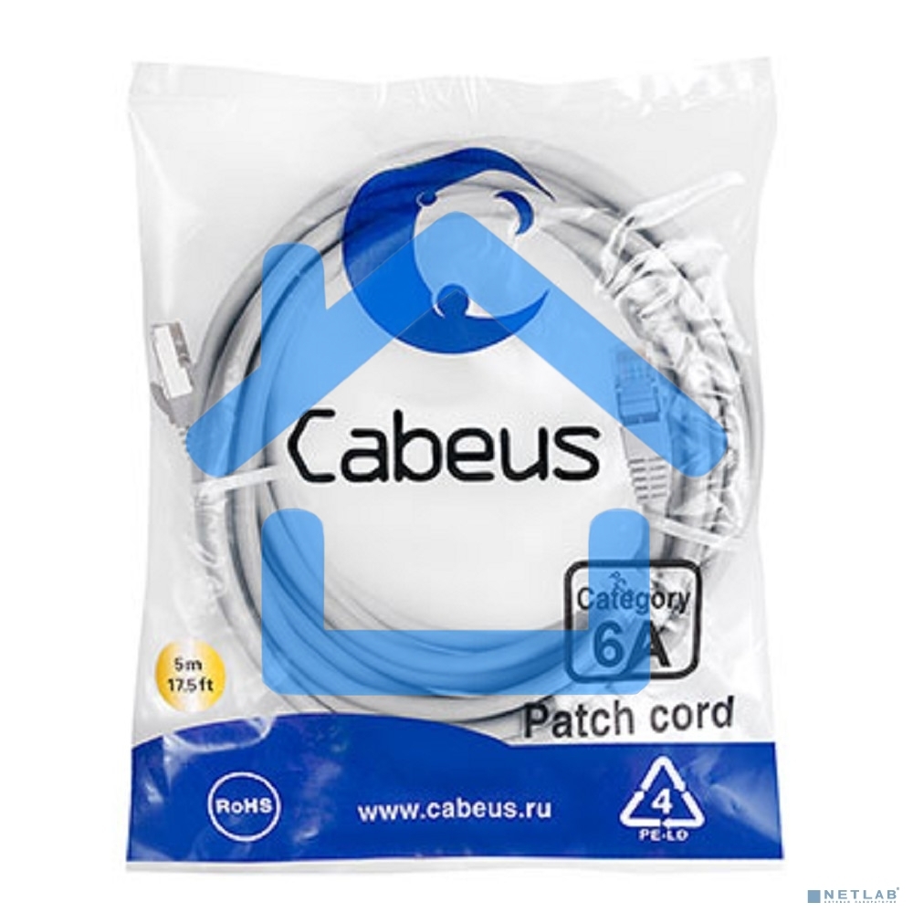 Шнур комм. Cabeus, кат. 6A, экр., S/FTP, RJ45/RJ45, LSZH, AWG26, 5м, серый