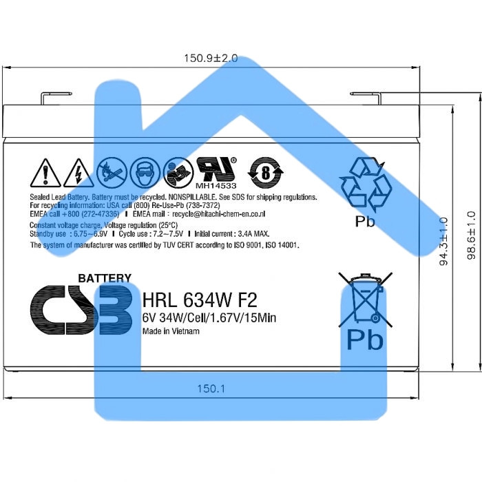 Аккумулятор 6V 9Ah CSB HRL634W (HRL634WF2FR) клеммы F2, огнеупорные
