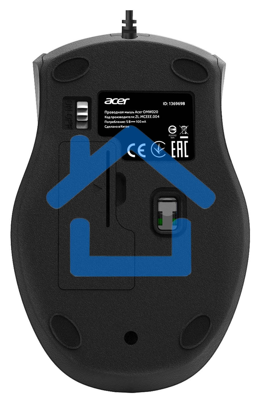 Мышь проводная Acer OMW020 черный, 1600 dpi, USB, кнопки - 4