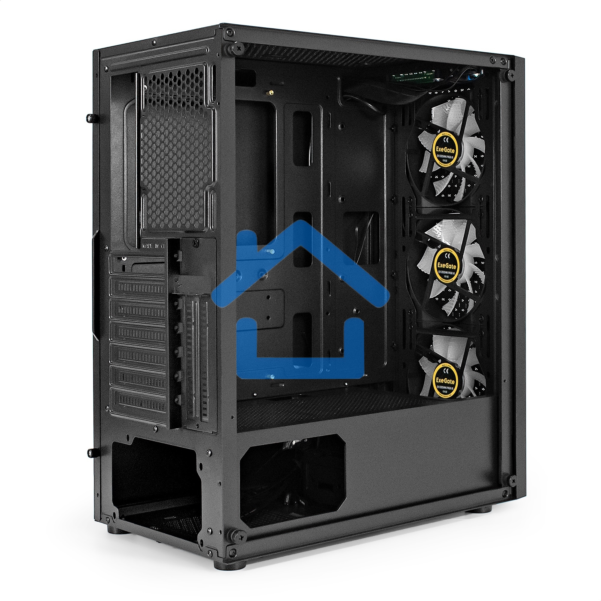 Компьютерный корпус Miditower ExeGate EVO-8227 (ATX, без БП, 2*USB+1*USB 3.0+HD Audio, черный, 3 вент. с RGb подсветкой, боковая панель - закаленное стекло)