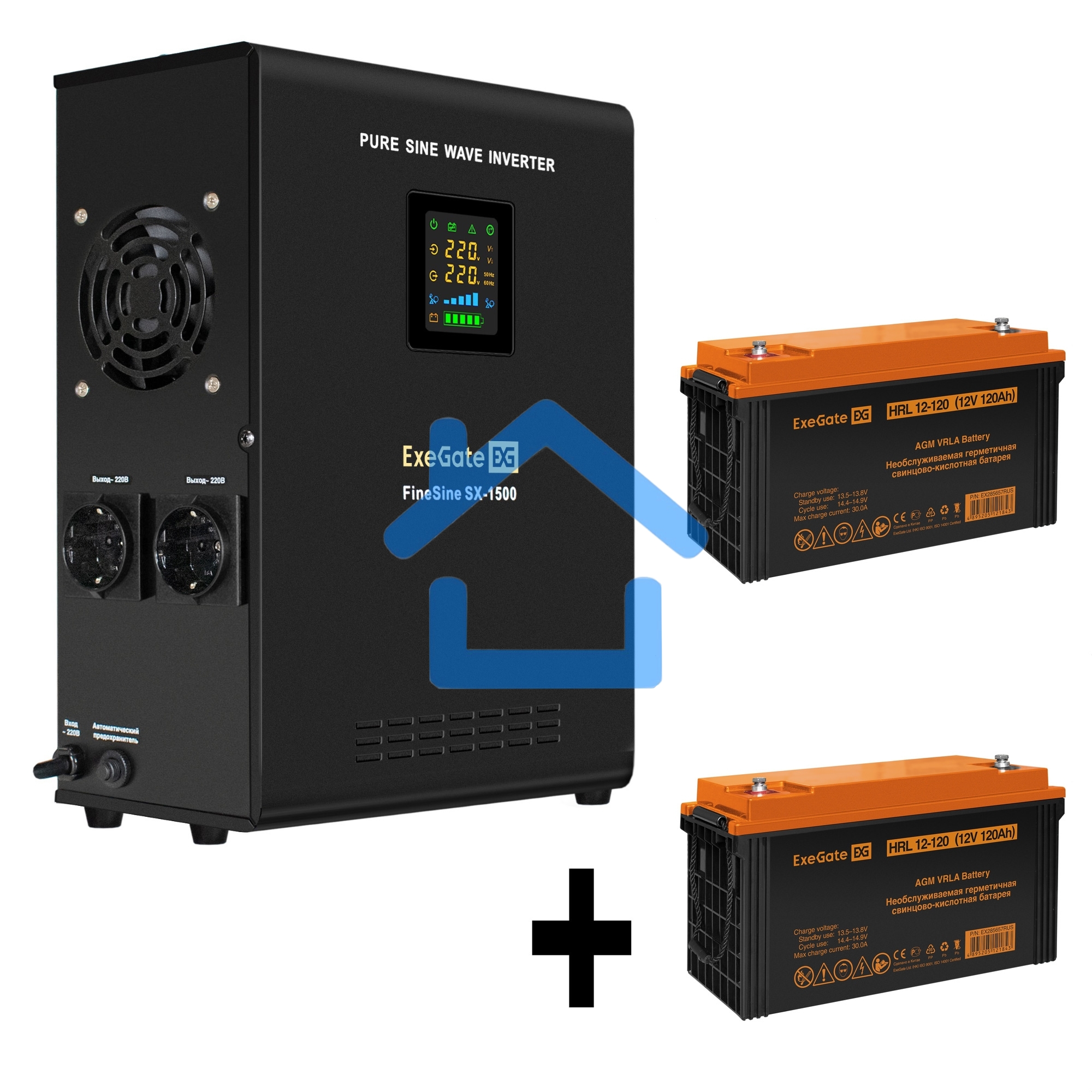 Комплект Источник бесперебойного питания EX295998RUS + батарея 120Aч EX285657RUS 2шт ExeGate FineSine SX-1500.LCD.AVR.2SH + батарея ExeGate HRL 12-120 (12В, 120Ач) 2шт