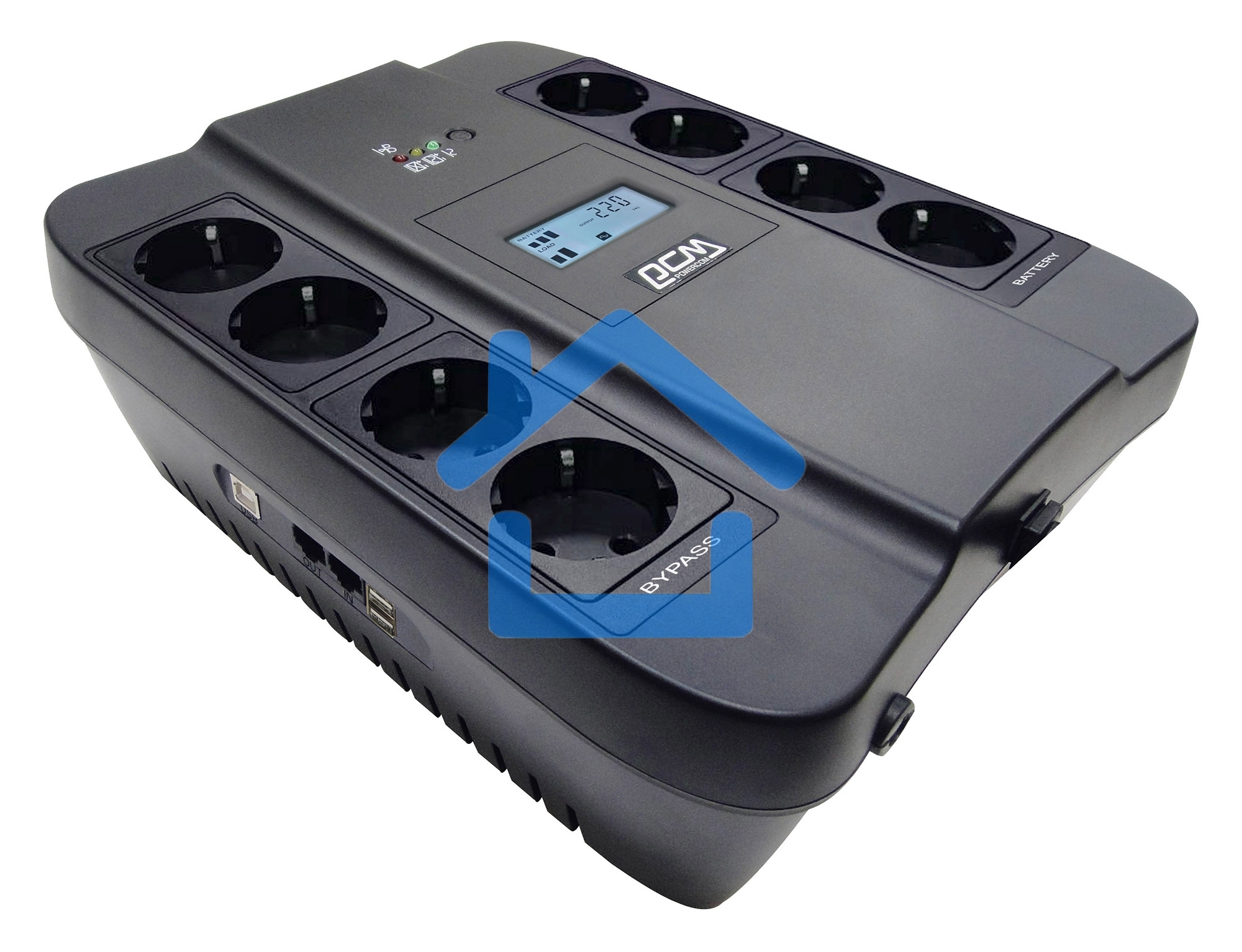 Источник бесперебойного питания Powercom Back-UPS SPIDER, Line-Interactive, LCD, AVR, 550VA/330W, Schuko, USB, черный (1456259)