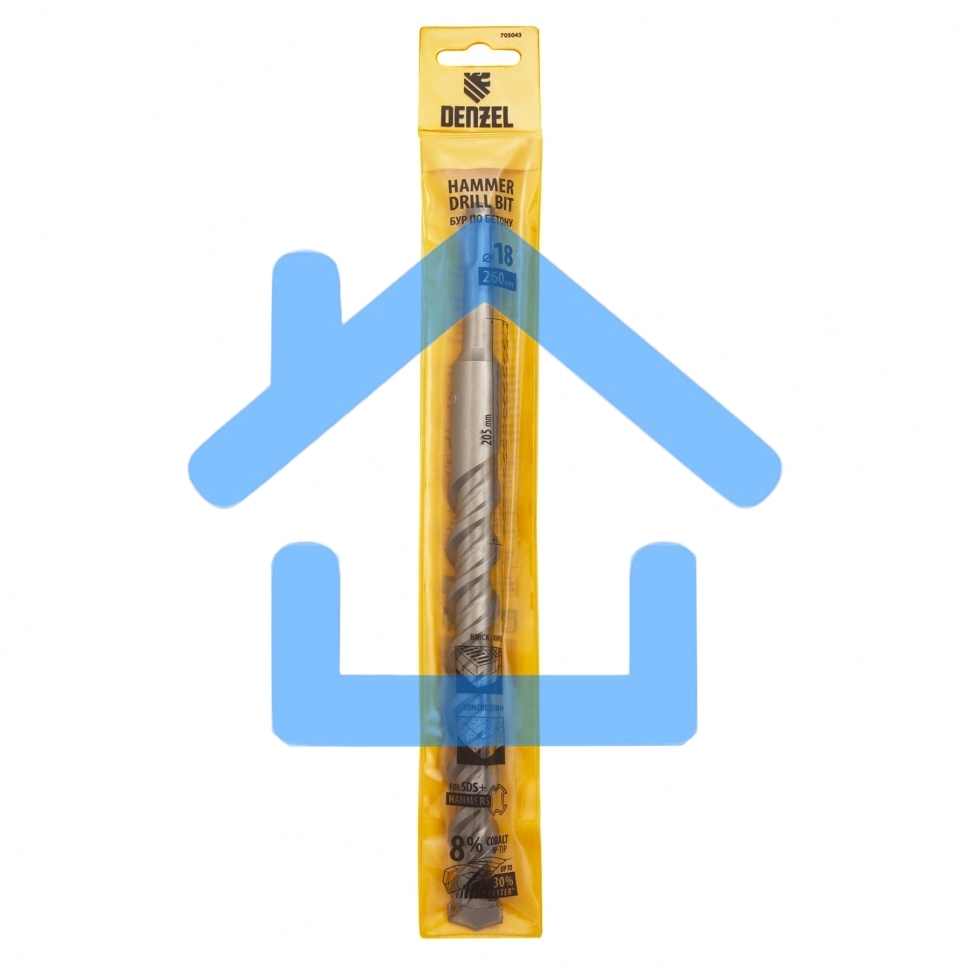 Бур по бетону, двойная спираль, Cobalt W-tip, 18x260 мм, SDS PLUS Denzel