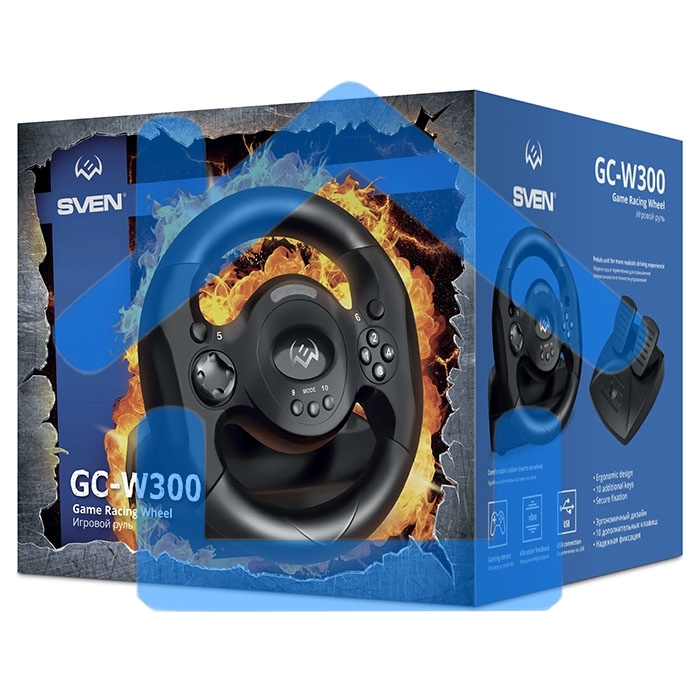 Руль SVEN GC-W300 (педали, вибро, лепестки, D-pad, 10 кл, резин. вставки, PC, цифр. и аналог.