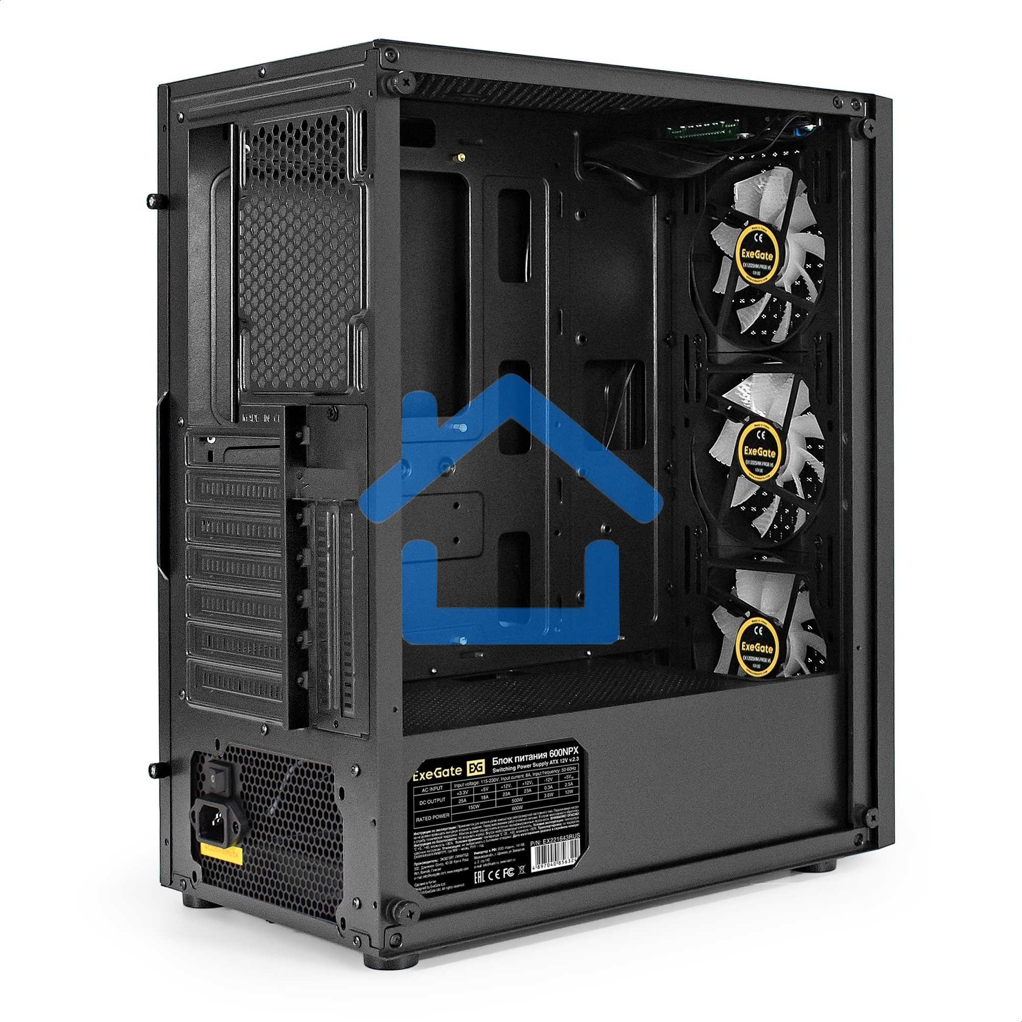 Компьютерный корпус Miditower ExeGate EVO-8227-NPX600 (ATX, БП 600NPX с вент. 12см, 2*USB+1*USB 3.0+HD Audio, черный, 3 вент. RGb, закаленное стекло)