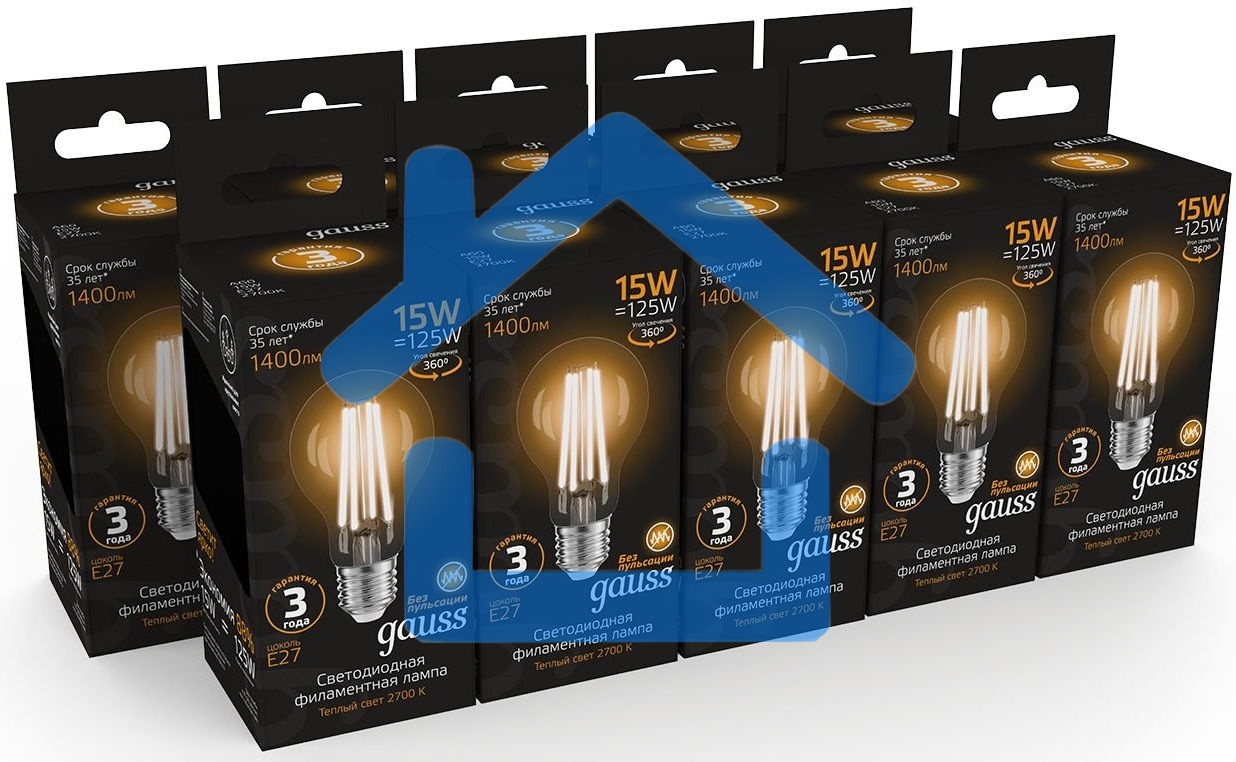 Лампа Gauss Filament А60 15W 1400lm 2700К Е27 LED 1/10/40
