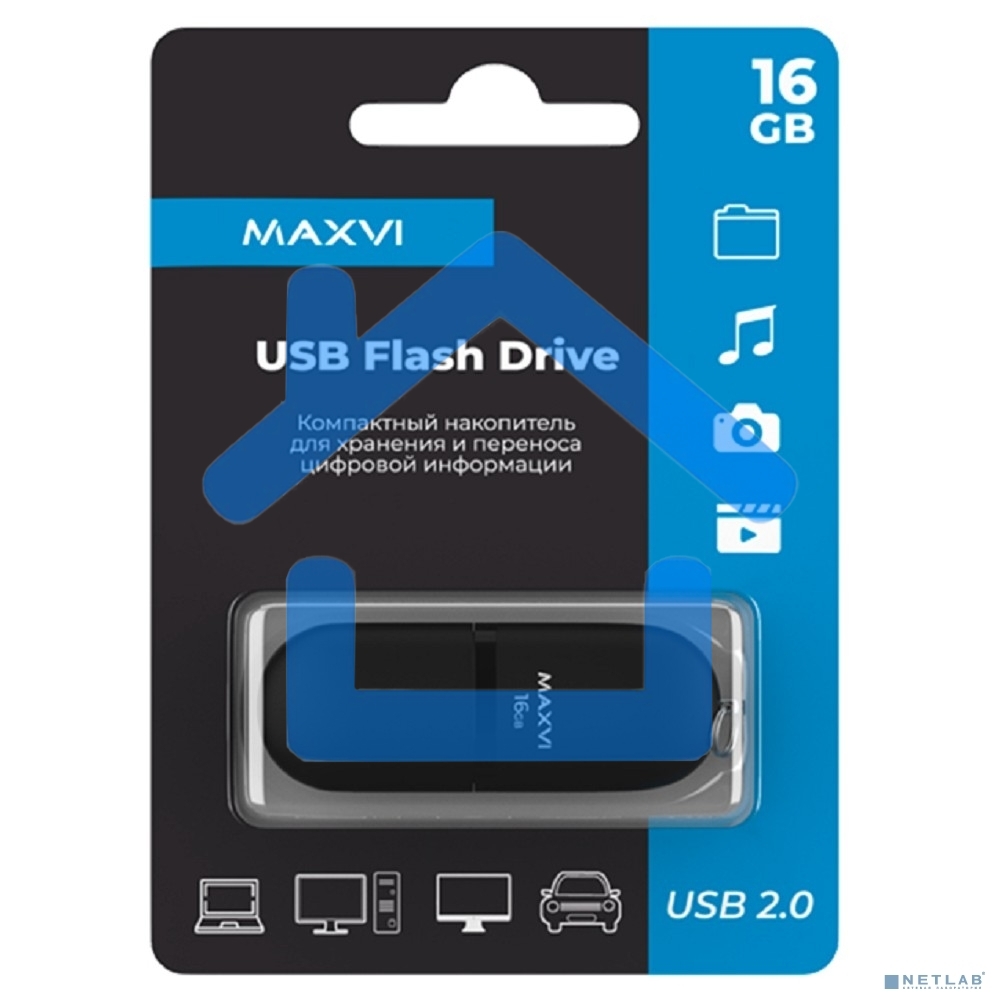 Флешка USB R/W Maxvi SF 16Gb USB 2.0 black, монолит с колпачком, soft touch