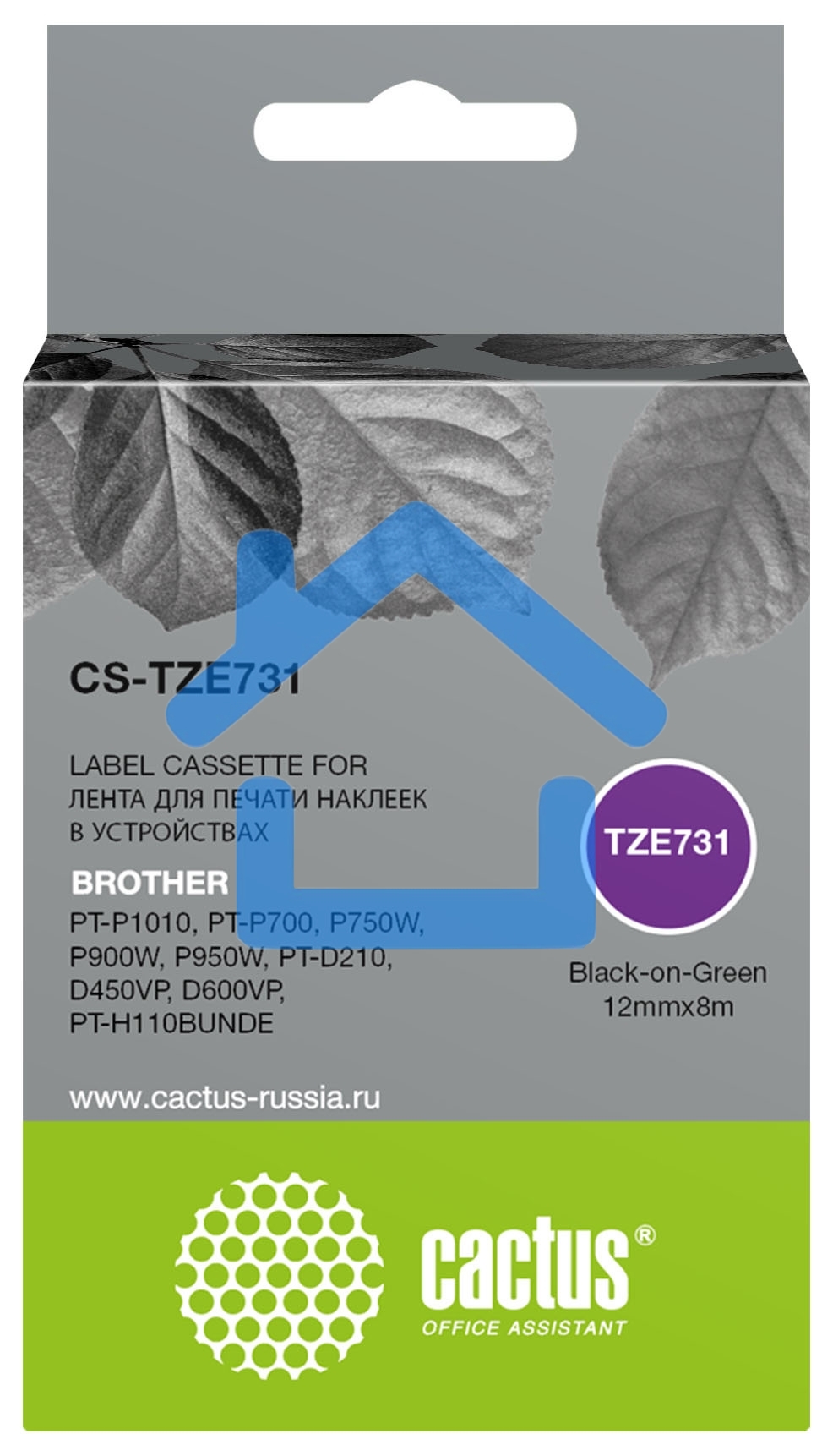 Картридж ленточный Cactus CS-TZE731 TZe-731 черный шрифт, зеленый фон (12 мм, 8 м) для Brother PT-P1010, PT-P700, P750W, P900W, P950W, PT-D210, D450VP, D600VP, PT-H110BUNDE