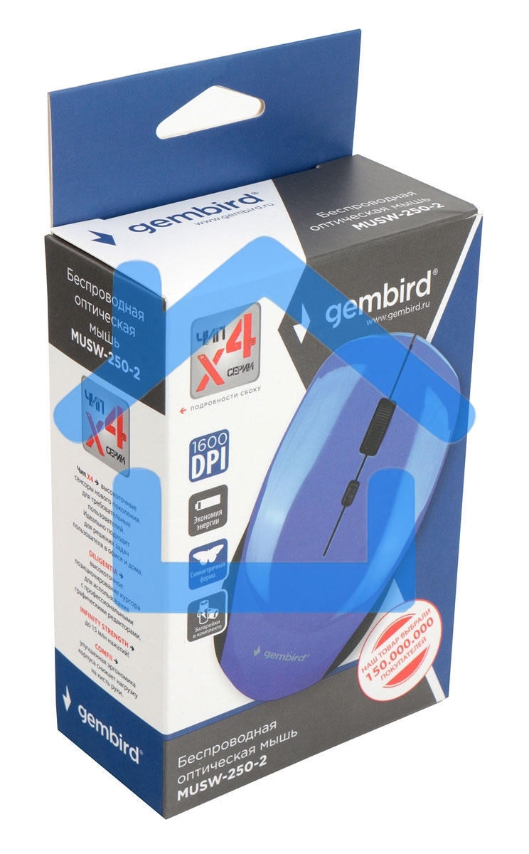 Мышь беспроводная Gembird MUSW-250-2 синий, 1600 dpi, радиоканал, USB, кнопки - 4