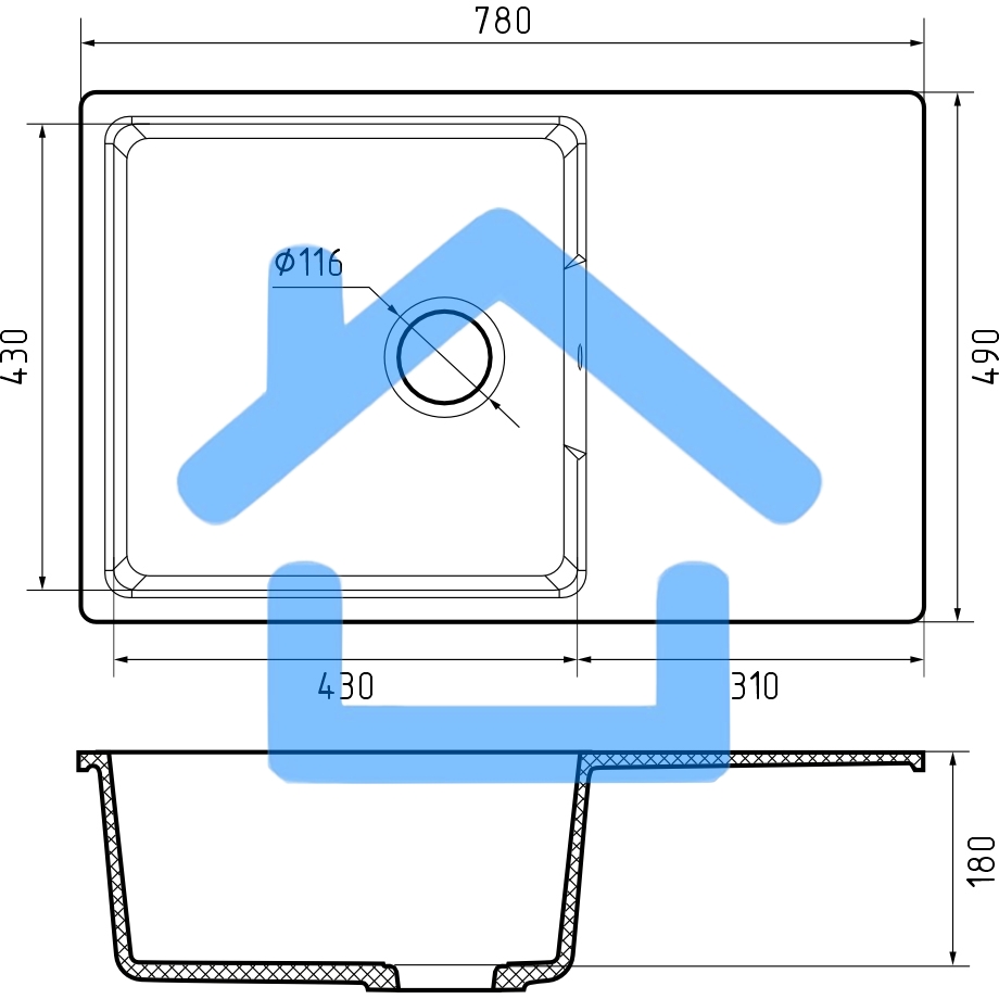 Мойка URBAN 678L gray 1-чаша+крыло 780*490мм, монтаж: врезной, материал: кварц,  серый