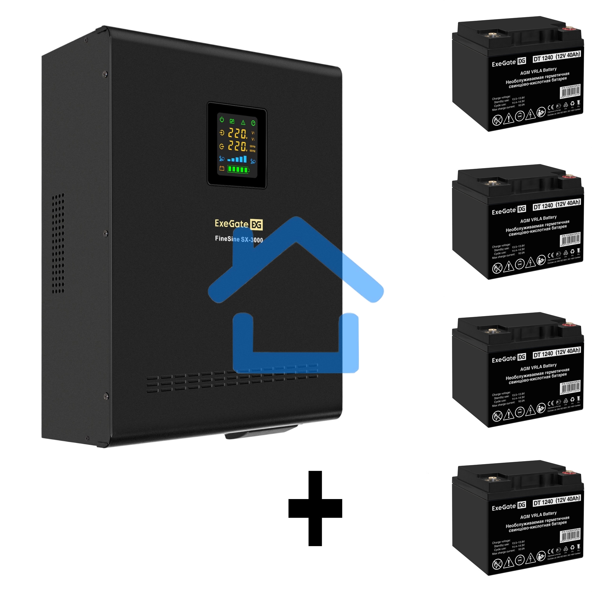 Комплект ИБП EX296003RUS + батарея 40Aч EX282976RUS 4шт (инвертор, синус, для котла, настенный) ExeGate FineSine SX-3000.LCD.AVR.2SH.T <3000VA/2100W, чистая синусоида, цветной LCD-дисплей, AVR, 2*Schuko+клеммы, линейно-интерактивный, крепление настенное, 