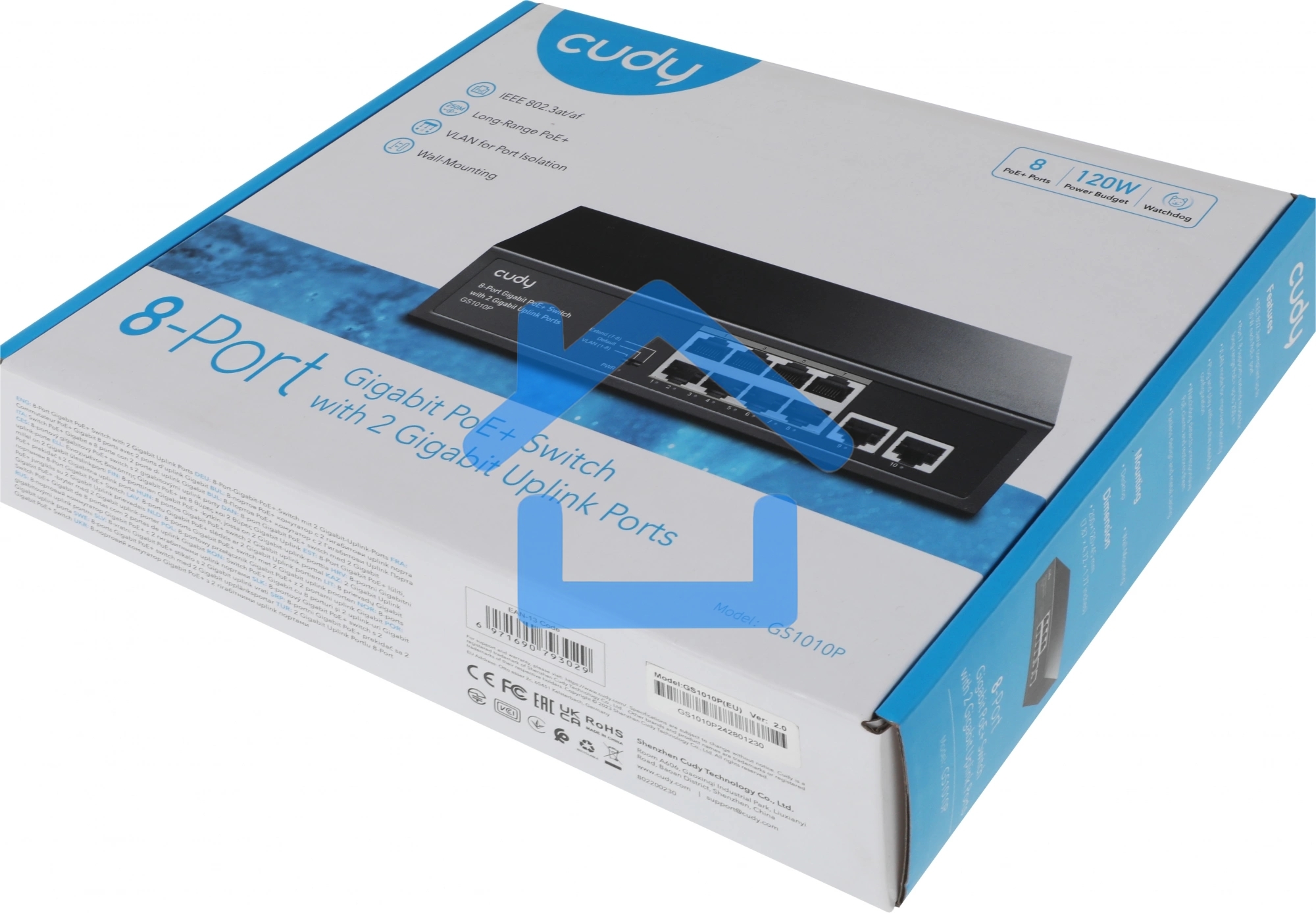 Коммутатор Cudy 8 RJ-45 10/100/1000M PSE ports +2 RJ45 10/100/1000 Uplink Port Unmanaged PoE+ Switch 120W, CCTV/VLAN mode support, long distance:250M at CCTV mode. 802.3af/at standard, Aternative 1/2(+),3/6(-), Rack-mountable Steel Case, Watchdog, 120W in