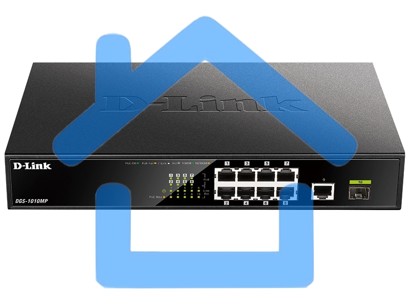 Коммутатор D-Link DGS-1010MP/A1A, L2 Unmanaged Switch with 9 10/100/1000Base-T portsand 1 1000Base-X SFPports(8 PoE ports 802.3af/802.3at (30 W), PoE Budget 125 W)