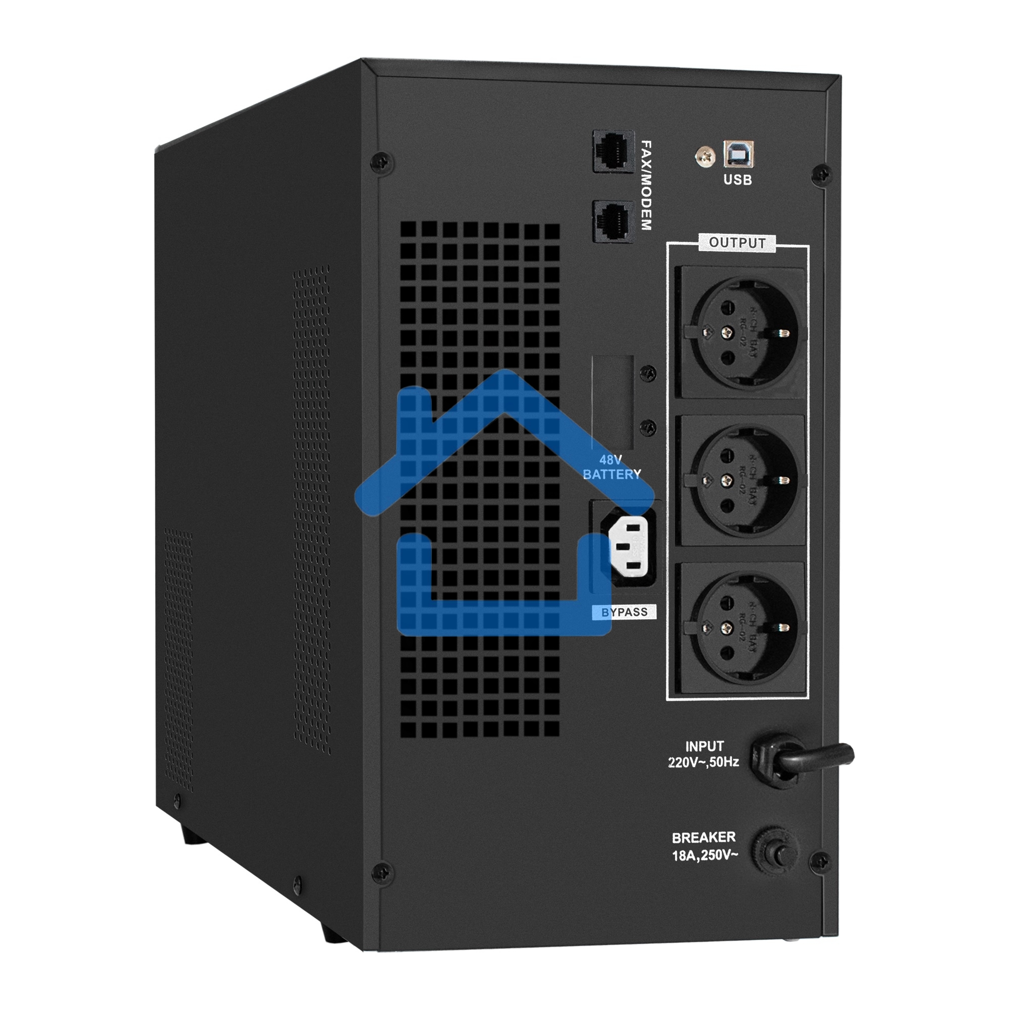 Источник бесперебойного питания (инвертор, синус, для котла) ExeGate SineTower SN-3000.LCD.AVR.3SH.1C13.RJ.USB <3000VA/2400W, чистая синусоида, LCD дисплей, AVR, 3*Schuko+1*C13, RJ45/11, USB, линейно-интерактивный, черный>