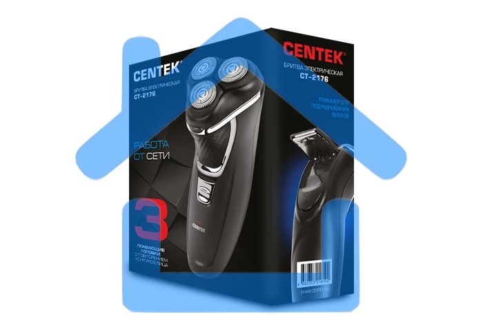 Бритва Centek CT-2176 черный/хром ротор, 3 плавающие головки, аккумулятор + работа от сети, триммер