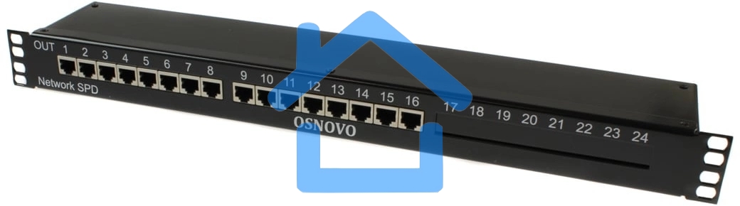 Грозозащита OSNOVO 1U устройство грозозащиты для ЛВС на 16 портов (скорость до 1000 Мб/с) с защитой линий PoE (af/at, методы A + B, контакты 1/2, 3/6, 4/5, 7/8)