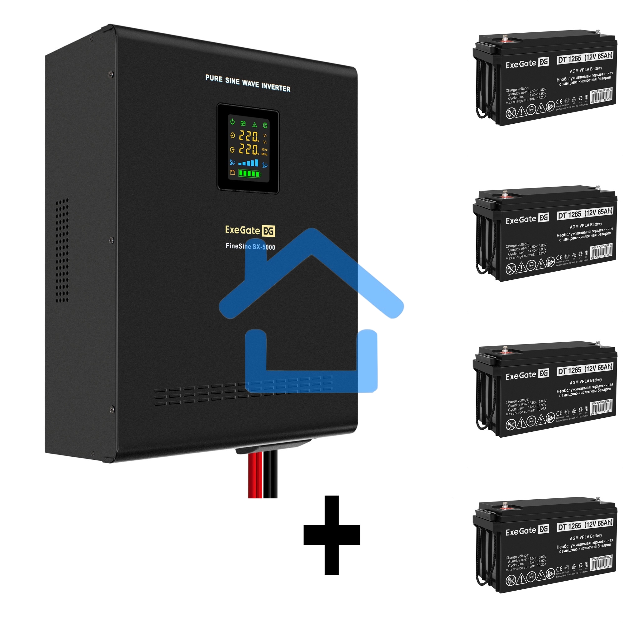 Комплект ИБП EX296004RUS + батарея 65Aч EX282980RUS 4шт (инвертор, синус, для котла, настенный) ExeGate FineSine SX-5000.LCD.AVR.2SH.T <5000VA/3500W, чистая синусоида, цветной LCD-дисплей, AVR, 2*Schuko+клеммы, линейно-интерактивный, крепление настенное, 