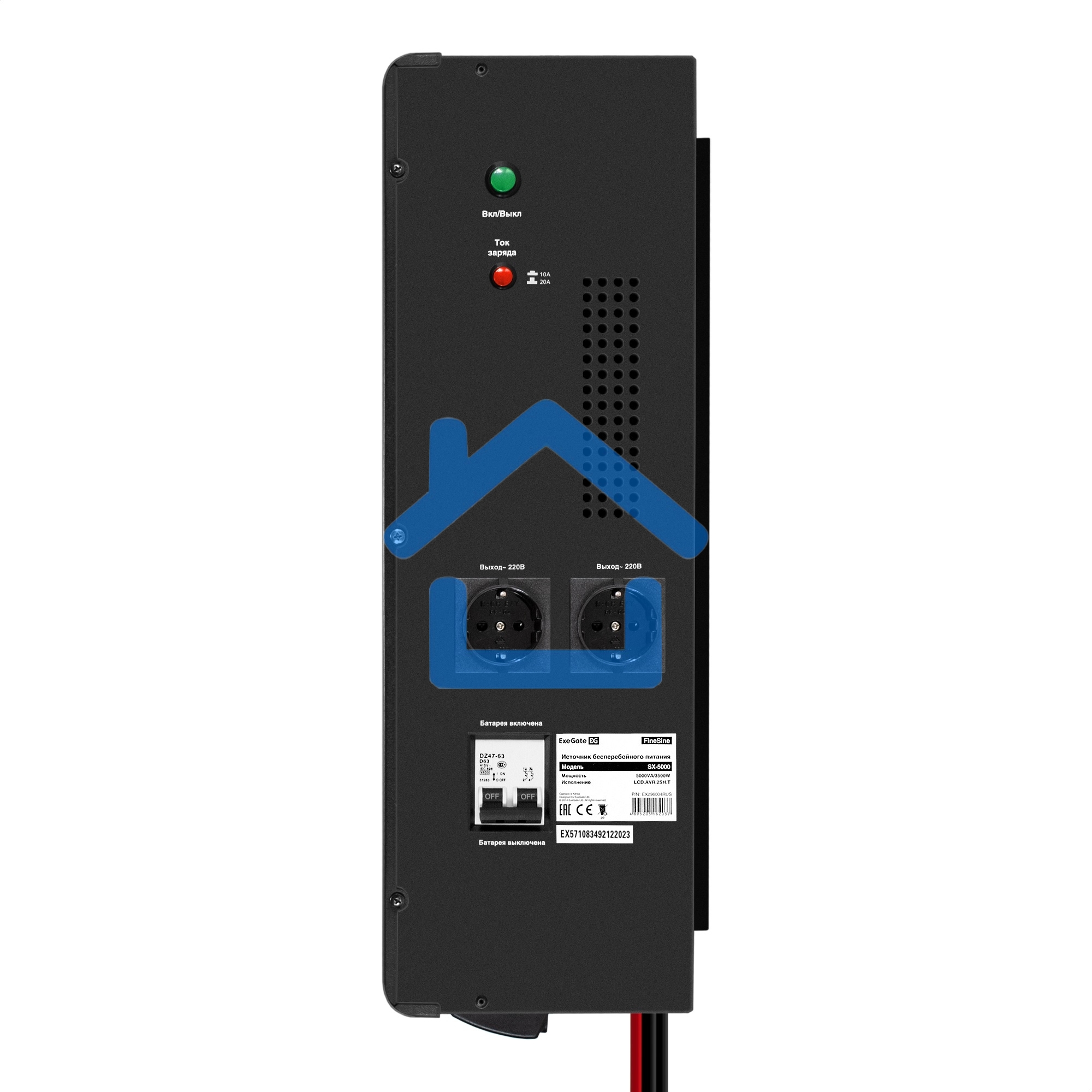 Комплект ИБП EX296004RUS + батарея 65Aч EX282980RUS 4шт (инвертор, синус, для котла, настенный) ExeGate FineSine SX-5000.LCD.AVR.2SH.T <5000VA/3500W, чистая синусоида, цветной LCD-дисплей, AVR, 2*Schuko+клеммы, линейно-интерактивный, крепление настенное, 
