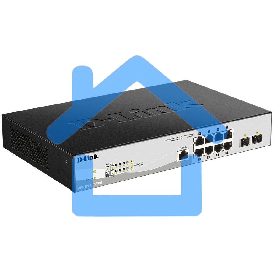 Коммутатор D-Link DGS-1210-10P/ME/B1A Управляемый 2 уровня с 8 портами 10/100/1000Base-T с поддержкой PoE и 2 портами 1000Base-X SFP