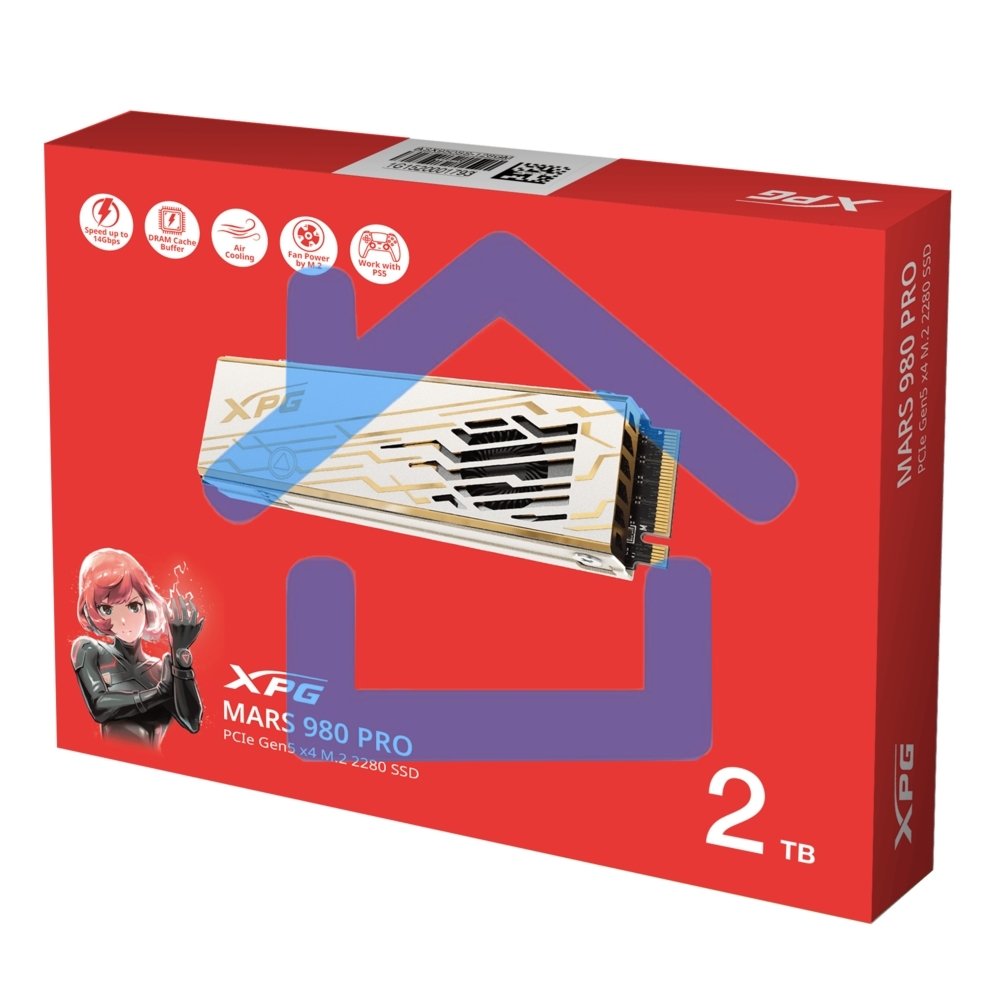 Накопитель SSD ADATA XPG MARS 980 PRO, 2000Gb, M.2(22x80мм), NVMe, PCIe 5.0 x4, 3D NAND, R/W 14000/13000Mb/s, IOPs 2 000 000/1 650 000, TbW 1480, DWPD 0.4, with Heat Sink (5 лет)
