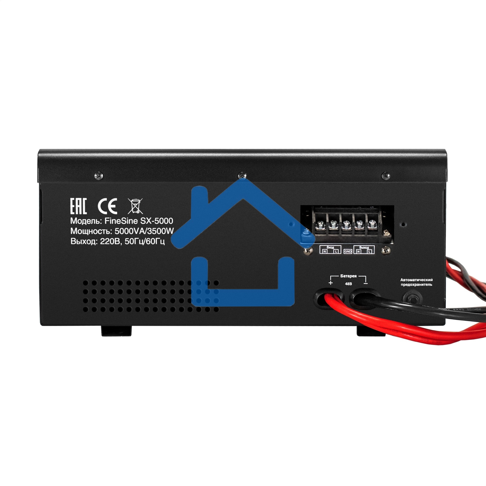 Комплект ИБП EX296004RUS + батарея 65Aч EX282980RUS 4шт (инвертор, синус, для котла, настенный) ExeGate FineSine SX-5000.LCD.AVR.2SH.T <5000VA/3500W, чистая синусоида, цветной LCD-дисплей, AVR, 2*Schuko+клеммы, линейно-интерактивный, крепление настенное, 