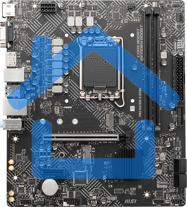 Материнская плата MSI PRO H610M-G, LGA 1700, Intel H610, 2xDDR5, 4xSATA, 1xM.2, 1xPCIe 4.0 x16, 1xPCIe 3.0 x1, 1xHDMI, 1xDP, 1xVGA, 1xRJ45 1Gb, 2xUSB-A 3.2 Gen 1, 4xUSB-A 2.0, 3x3.5мм, 7.1, mATX