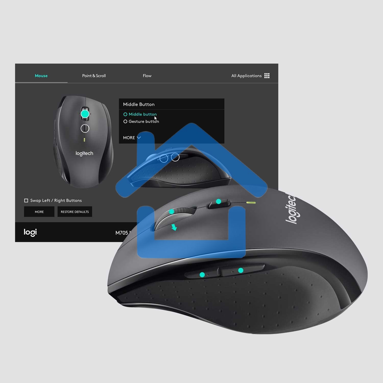 Мышь беспроводная Logitech M705 черный, 1000 dpi, радиоканал, USB, кнопки - 7